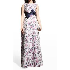 Kay Unger New York Floral-Print Jacquard Gown w/ Bow